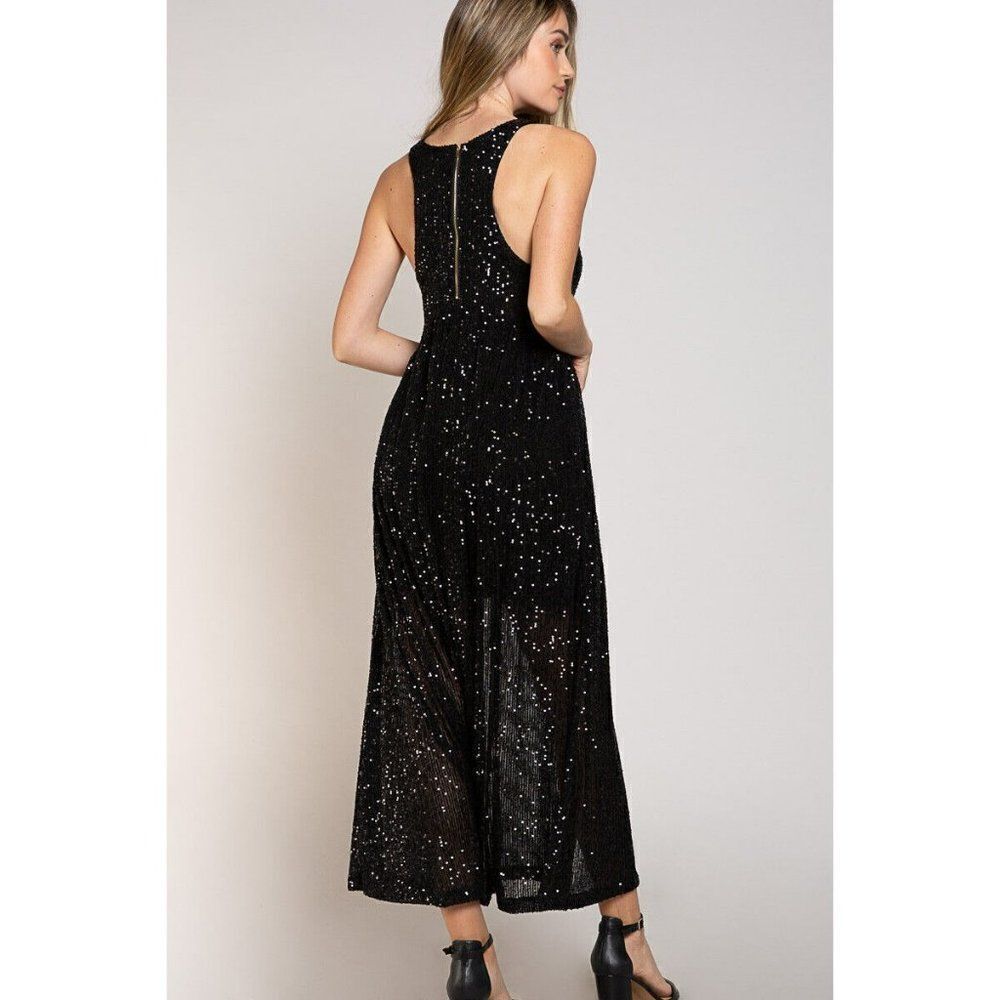 POL CLOTHING Jet Black SEQUIN Gown Dress Cocktail Dinner Party Sparkly SMD234 - Picture 9 of 9
